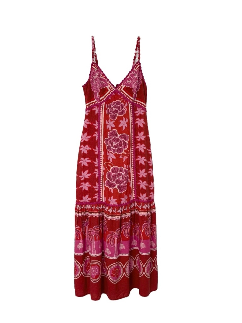 Caroline Constas Size XS Red Pink Linen Blend Floral Embroidered Maxi Dress Boho